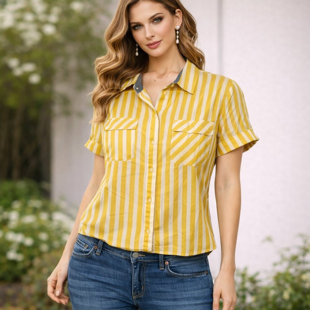 Nautica Yellow and White Striped Casual Shirt